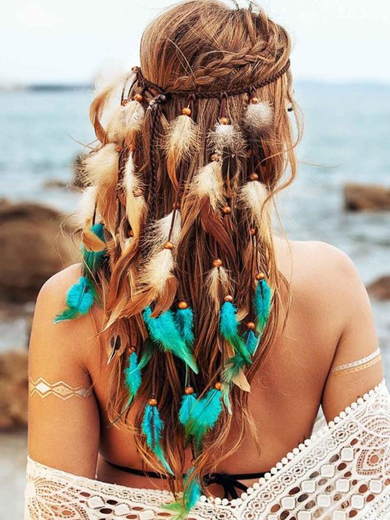 GORTIN Boho Feather Headband Hippie Headpiece Black Gypsy Costume Headdress Bohemian Headbands Indian Festival Feather Headwear Hair Accessory for Women and Girls (A-Blue+Brown)