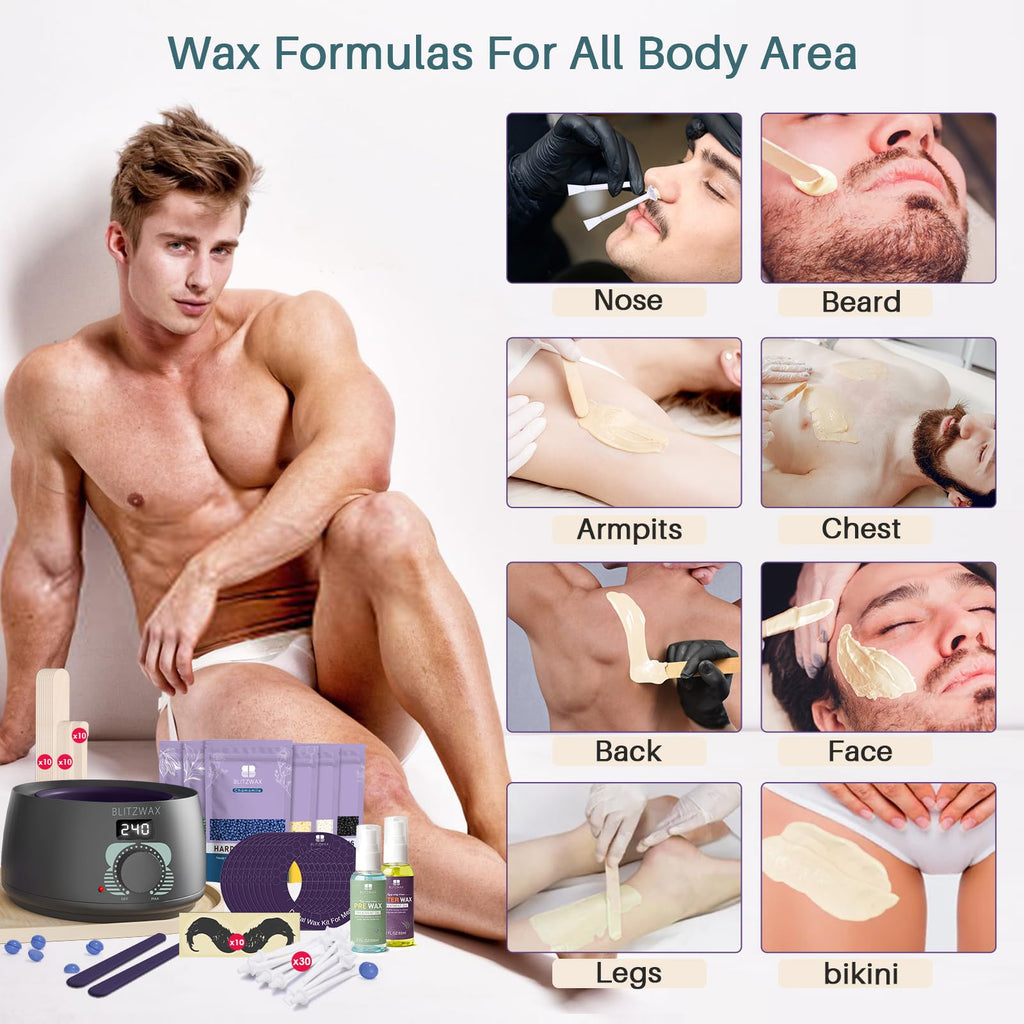 BLITZWAX Waxing Kit for Men, Back Nose Brazilian Hard Wax Warmer Home Use