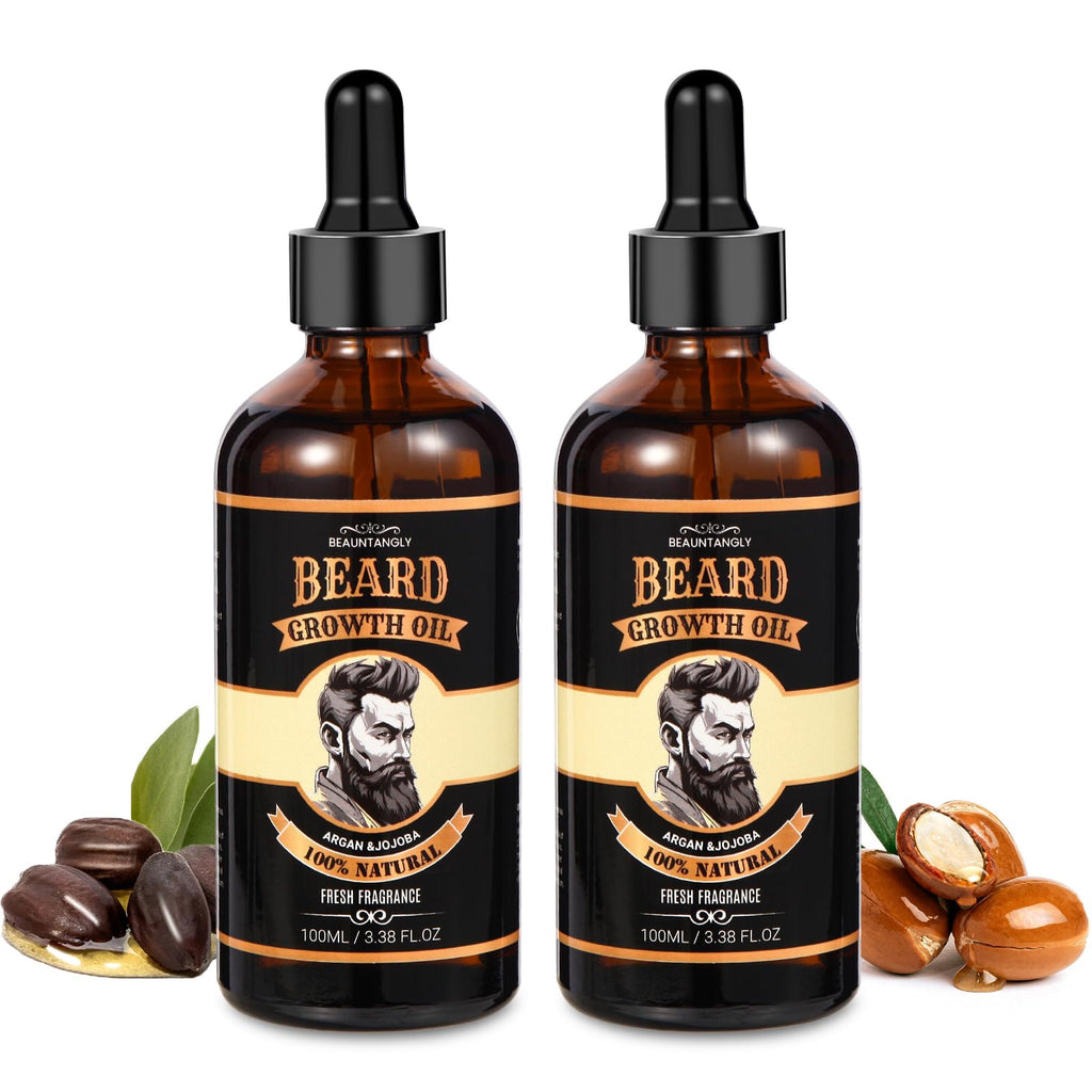 2 PACK Beard Growth Oil for Men, 100% Natural Beard Oil with Argan Oil, Jojoba Oil, Castor Oil - 6.76 FL/200ML Fresh Fragrance Beard Conditioner Softens, Nourishes,Strengthens, Promotes Beard Growth