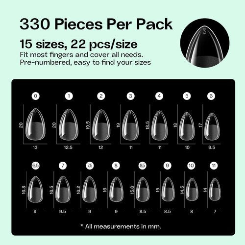 SinzSue 330Pcs Short Almond Soft Gel Nail Tips, 15 Sizes Full Cover Press - on Nails for Women, Ultra - Thin Edge, No Grinding, Long - Lasting DIY Manicure Extensions