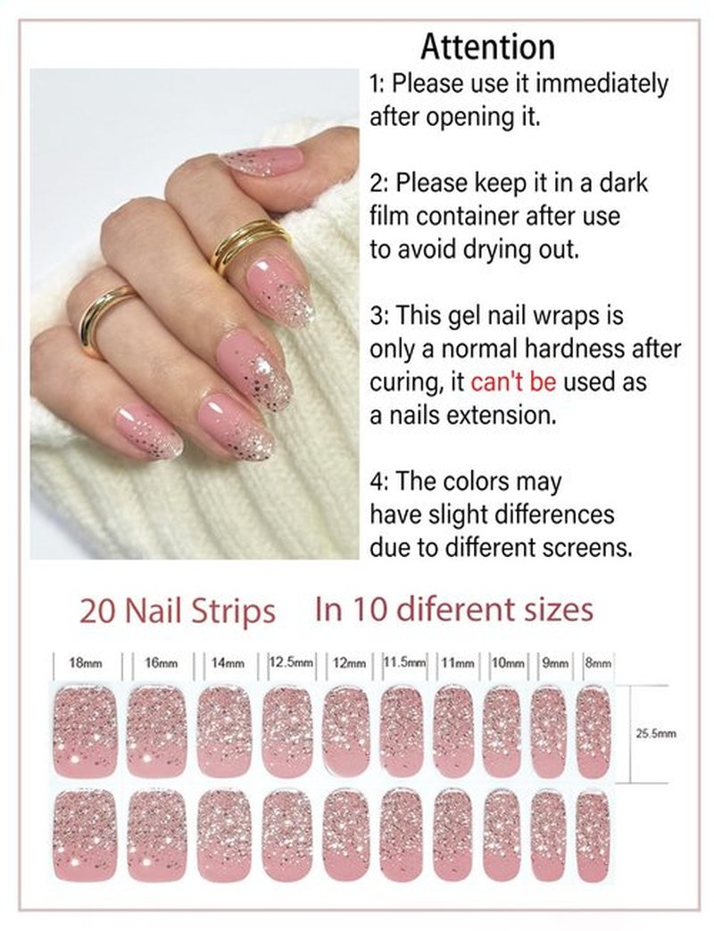 Semi Cured Gel Nail Strips, 20pcs French Sequin Gel Nail Stickers UV for Home Nails DIY