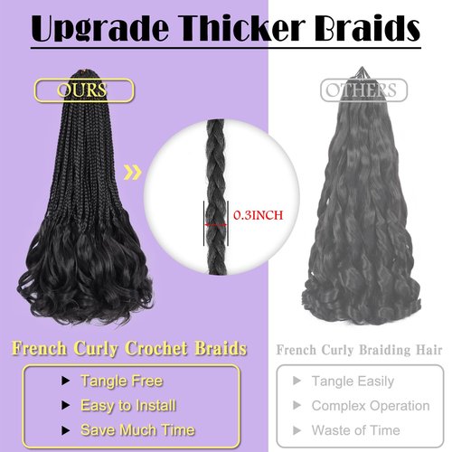 French Curl Crochet Braids 12 Inch Goddess Box Braids Crochet Hair 8 Packs Pre Looped Crochet Box Braid with Curly Ends Synthetic French Curly Braiding Hair Extensions 1B#