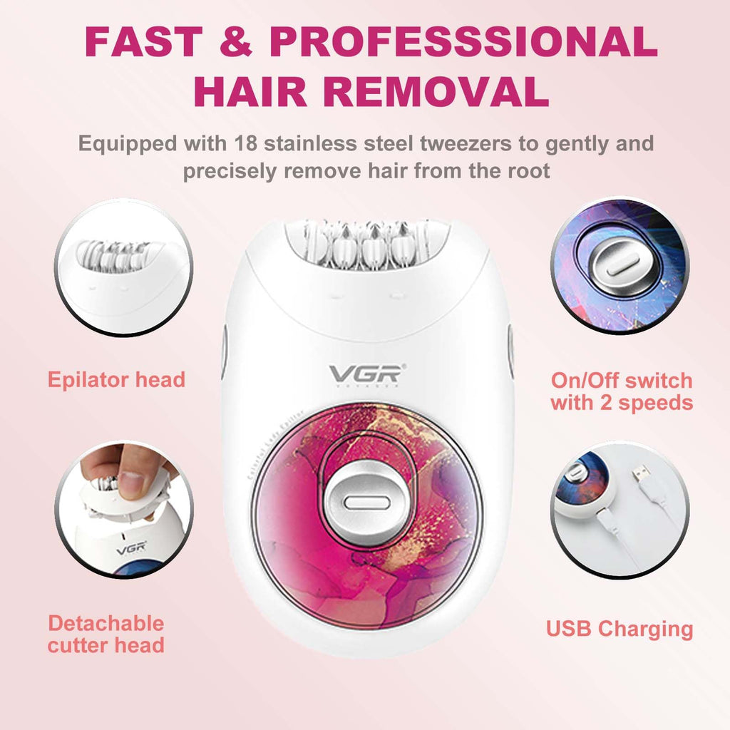 VGR706 Professional Epilator for Women, Portable Cordless Enhanced Hair Removal Device, Gentle Operation Silent Design, 18 Tweezer System, Rechargeable Full-Body Epilator for Legs/Underarm/Back(Red)