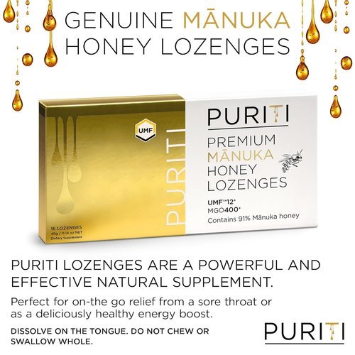 PURITI Premium Manuka Honey Lozenges - High Potency Sugar Free Cough Soothers | UMF Certified MGO 400+ (16 Pack)