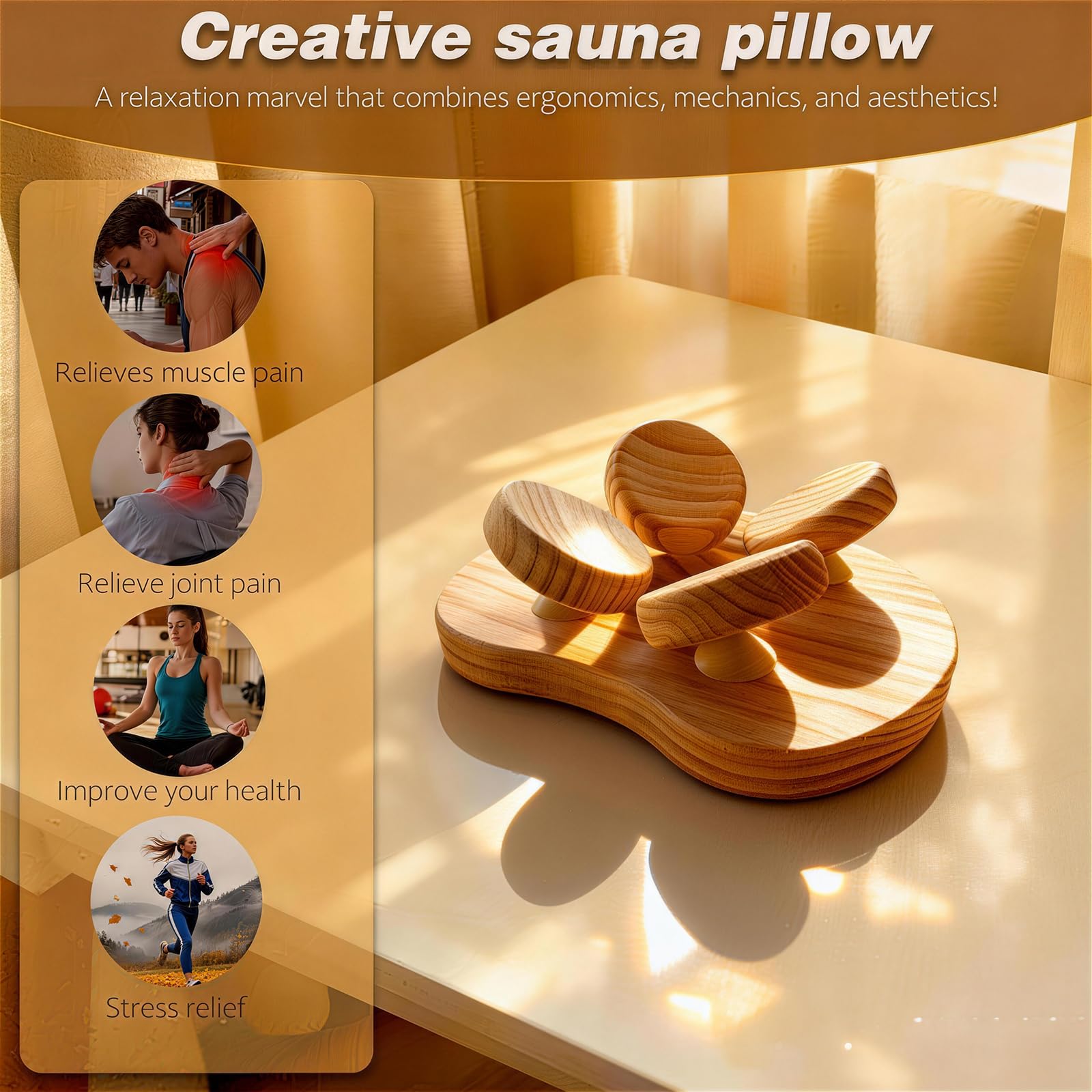 Benks Wooden Sauna Headrest with rotatable disc, Sauna Pillow，Sauna Accessory for Stiff Neck, Shoulder Pain, Head Health and Relaxation
