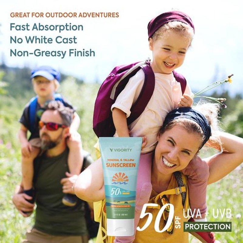 Beef Tallow Sunscreen with Zinc Oxide: Natural Non-Toxic SPF 50 Tallow Sunblock Cream for Face & Body - with 10 Food-Grade Botanical Extracts - Kids & Sensitive Skin Safe, Water-Resistant - 3.4 FL OZ
