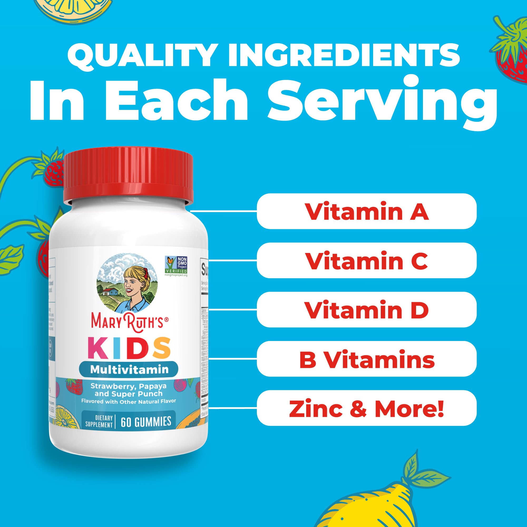 MARYRUTH'S Kids Vitamins Multivitamin Sugar Free | 2 Month Supply | Kids Multivitamin Gummies | Multivitamin for Kids | Vitamin D | Vitamin C | Zinc | Vegan | Non-GMO | Gluten Free | 60 Count