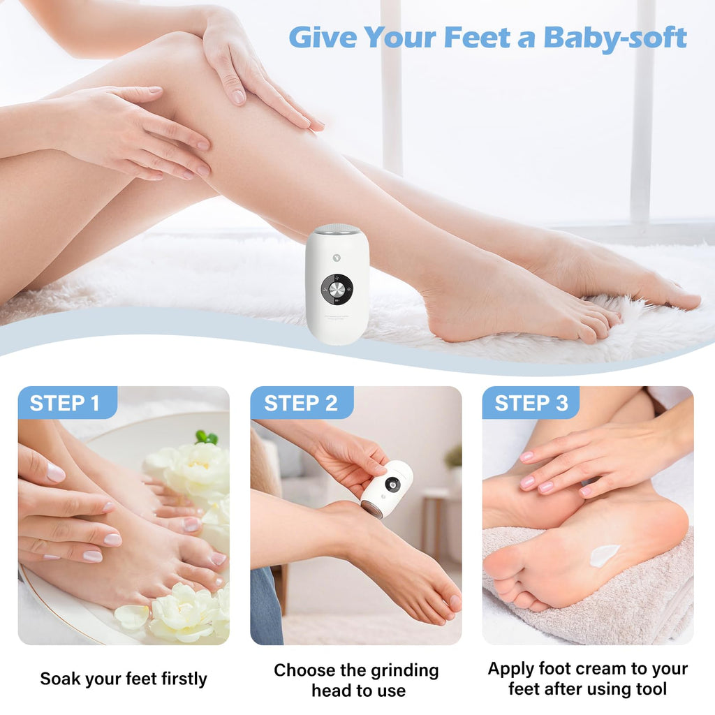 Electric Foot Callus Remover Grinder - Rechargeable Pedicure Tools Callus Remover for Feet Foot Scrubber File Foot Care with 3 Speeds 2 Stainless Grinding Heads for Hard Cracked Dry Dead Skin
