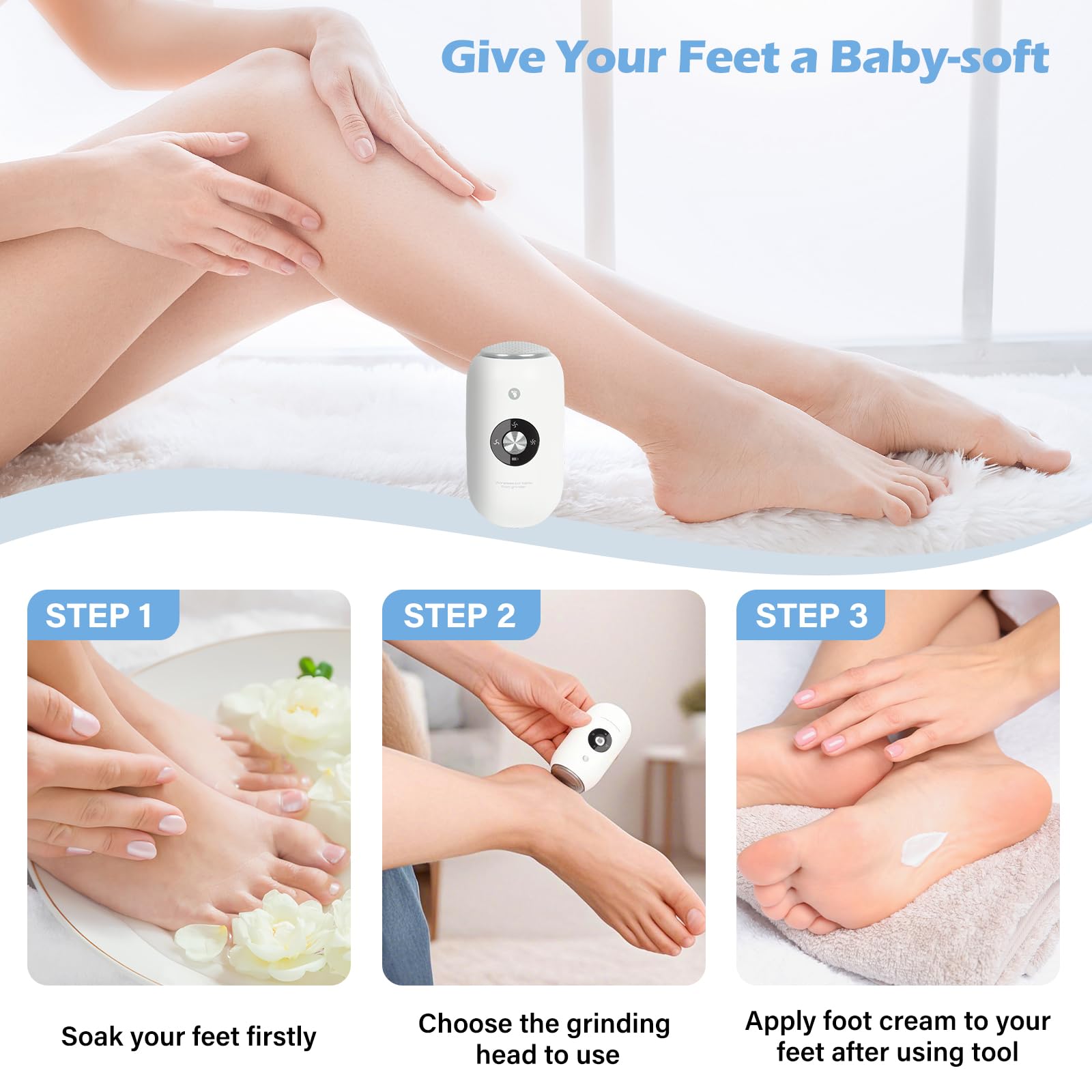 Electric Foot Callus Remover Grinder - Rechargeable Pedicure Tools Callus Remover for Feet Foot Scrubber File Foot Care with 3 Speeds 2 Stainless Grinding Heads for Hard Cracked Dry Dead Skin
