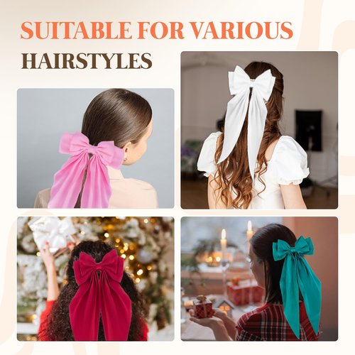 Loqpol 3 PCS Silky Satin Hair Bows, Oversized Long Tail Bows with Barrette Clips, Coquette Hair Accessories for Women and Girls (Red Hot Pink Light Pink)