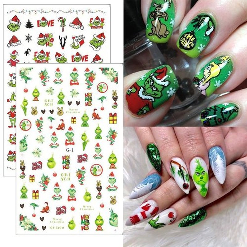 Christmas Nail Stickers for Nails Art, Xmas Cartoon Nail Art Stickers Decals Funny Cute Green Monster Nails Design Decals 3D Self-Adhesive Nail Supplies for Women Christmas Manicure Accessories,5Pcs