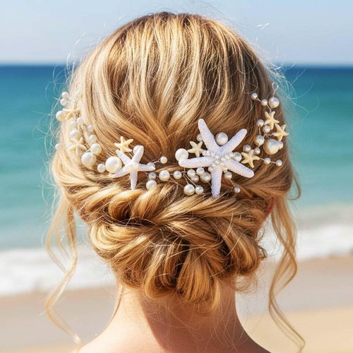 GORAIS Starfish Bride Wedding Hair Vine Silver Pearl Bridal Mermaid Headpiece Beach Hair Accessories Headband for Women and Girls