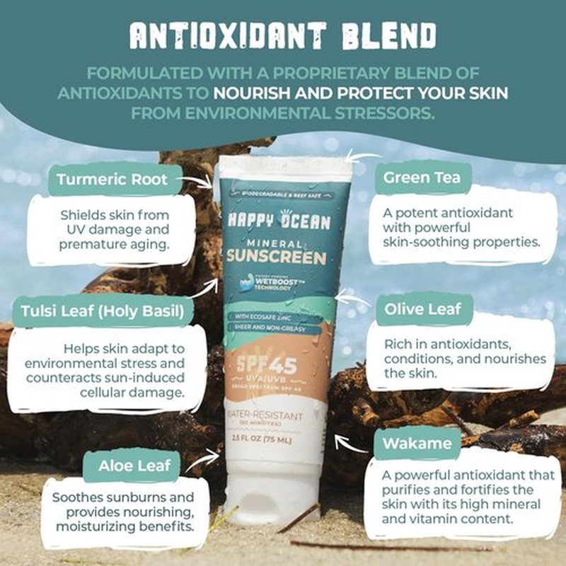 Happy Ocean SPF 45 Mineral Sunscreen with Non-Nano Zinc Oxide for Face and Body - 2.5 Fl oz, Non-Greasy, Reef Safe Biodegradable Sunscreen, Travel Size, Water Resistant - Original