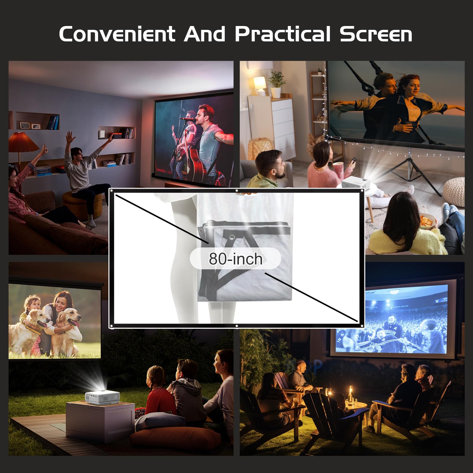 PANSEBA 1080P Mini Projector with Screen, Portable Home Theater Movie Projector with Two-Way Bluetooth, HDMI/USB Input for Smartphone/TV Stick, Ideal for Indoor & Outdoor Use, White