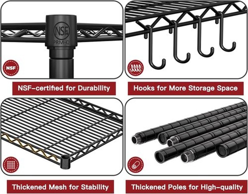 PrimeZone Wire Metal Storage Shelves - Heavy Duty 5-Tier Adjustable Garage Organizer Rack | NSF-Certified, Black, 35.5" W x 14" D x 72" H