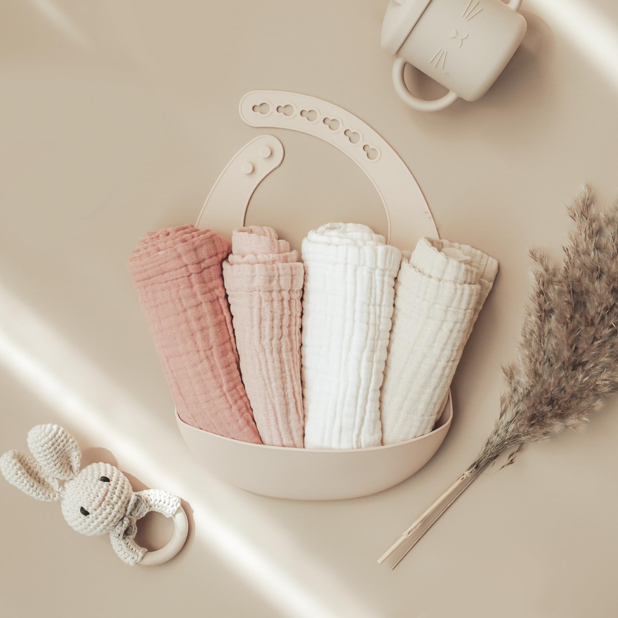 Konssy Baby Muslin Washcloths 7-Pack, 100% Cotton Baby Bath Washcloths, Soft & Absorbent Wash Cloths and Burp Cloths for Newborn Kids Girls & Boys, 11x11 inches