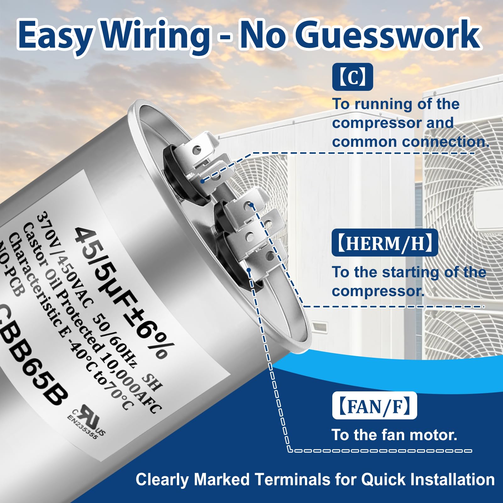 45/5 MFD 45+5 uF ±6% 370V/440VAC CBB65B Dual Run Circular Start Capacitor for AC Motor Run or Condenser Straight or Fan Start（60 * 100mm）