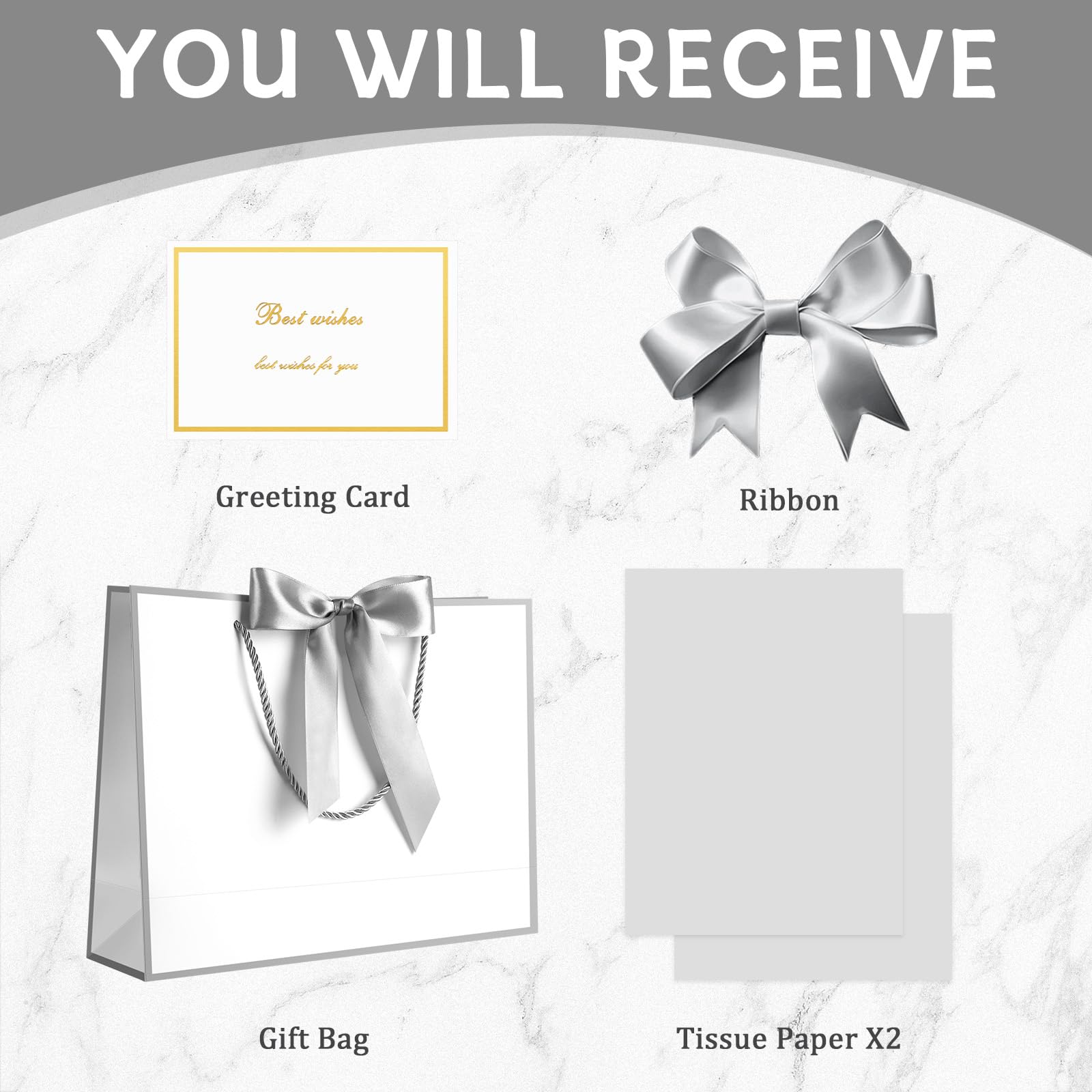 JMANNI Gift Bags with Handles, 13” Medium Gift Bag for Presents, 1 Pcs Bags with 2 Tissue Paper and 1 Cards for Baby Shower Wedding Bridal Shower Mother's Day Birthday Party (Silver)
