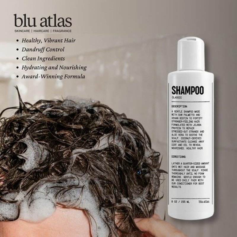 Blu Atlas Men's Natural Shampoo - Organic, Sulfate-Free & Paraben-Free - Deep Cleansing & Hydrating - Classic Bergamot, Sage & Patchouli Scent - 8 oz