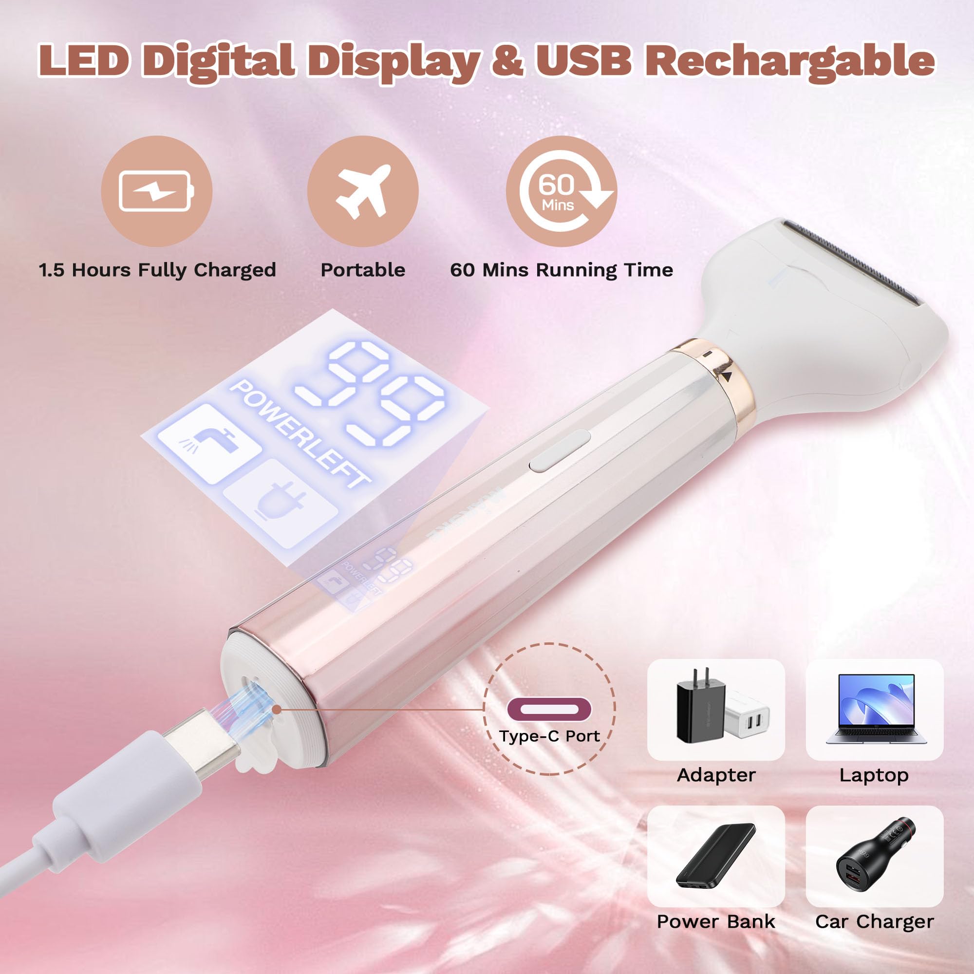 Electric Razors for Women, 5 in 1 Bikini Trimmer for Women, Wet/Dry Electric Shaver, Painless Womens Razor Shavers, Facial Hair Removal for Face Nose Eyebrow Arms Armpit Legs Pubic Area