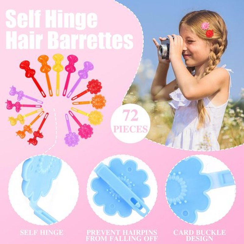 Janinka 72 Pcs Self-Hinge Plastic Hair Clips: 80s 90s Cartoon Colorful Cute Barrettes and Pins for Toddler Girls (Classic,Vibrant Color)