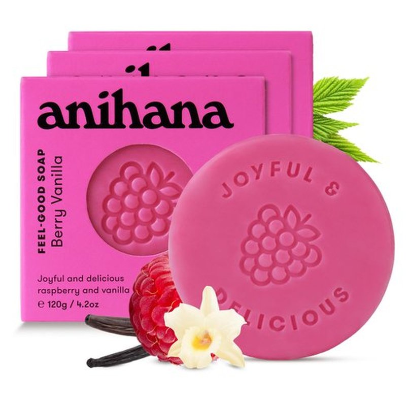 ANIHANA Feel-Good Soap 3 Pack with Coconut Oil and Shea Butter, Gentle Cleansing, Paraben Free, Cruelty Free, Refreshing Berry Vanilla Scent, 4.2 oz each