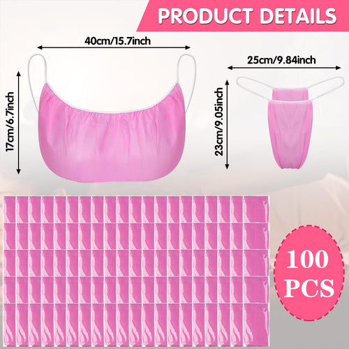 100Pcs Disposable Bra and Panties Women Disposable Bikini T Thong and Bra Spa Underwear for Spa Massage Spray Tanning (Pink)