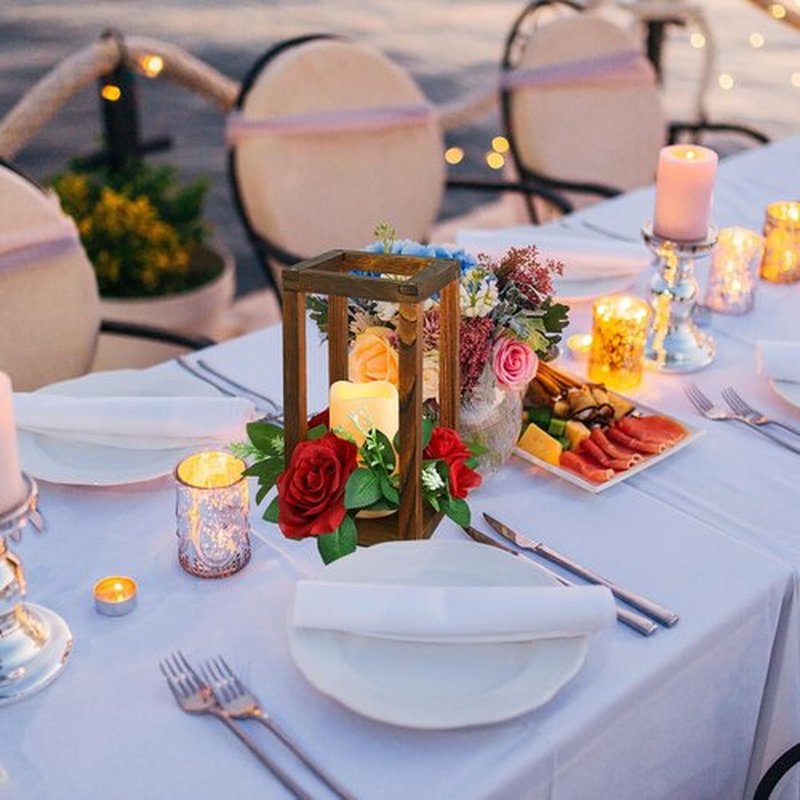 Hushee Wedding Lantern Centerpiece - 30 Pcs Rustic Wooden Holders with Candles | Farmhouse Decor (Brown & Red)