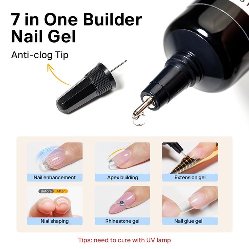 MIZHSE Builder Gel for Nails, 2Pcs 15mL Clear Hard Builder Gel for Nail Thickening Tip Design Rhinestone Glue U V LED Extension for Nail Art Design