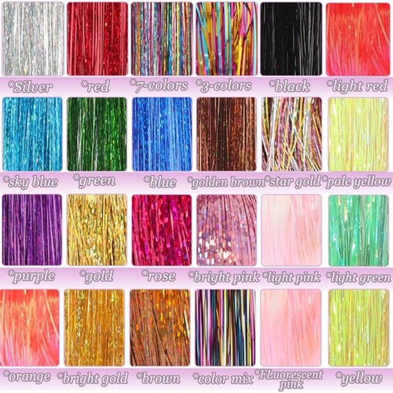 Hair Tinsel Kit with Tools 24 Colors 9000 Strands Fairy Hair Tinsel Heat Resistant Sparkling Shiny Tinsel Hair Extensions 48 Inch Colorful Hair Tinsel strands Kit (48 Inch 9000strands, 24Colors)
