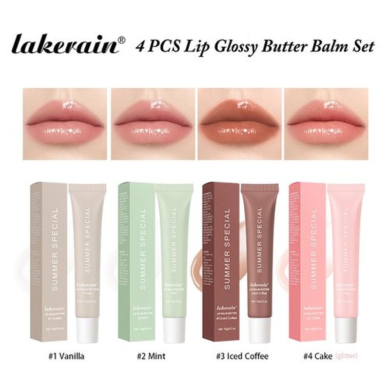 Lakerain 4 PCS Lip Glossy Butter Nourishing Balm,Lightweight,Non-Sticky,Long-lasting Lip Care Set