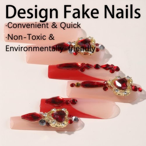 Rchovsam Xl French Tip Press on Nails Long Square False Nails Press Ons Red Love Diamond Design Fake Nail Red Stick on Nails Acrylic Full Cover Artificial Nail Gift for Women 24pcs
