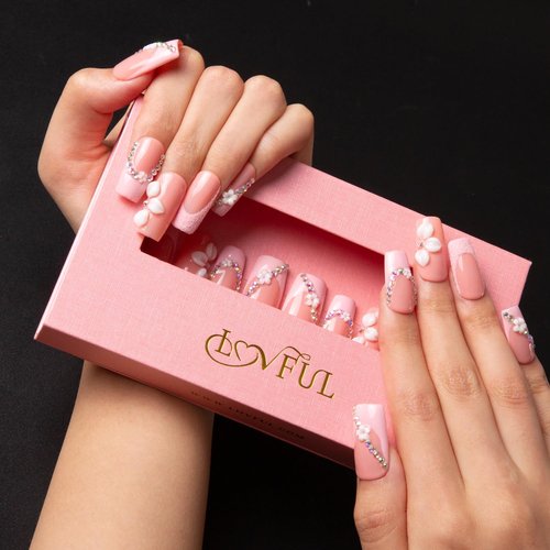 LOVFUL Press on Nails Pink Lady Handmade | Handmade with Full Covered Crystals | Reusable Fake Nails | Square Regular 1.0 in | H281-S