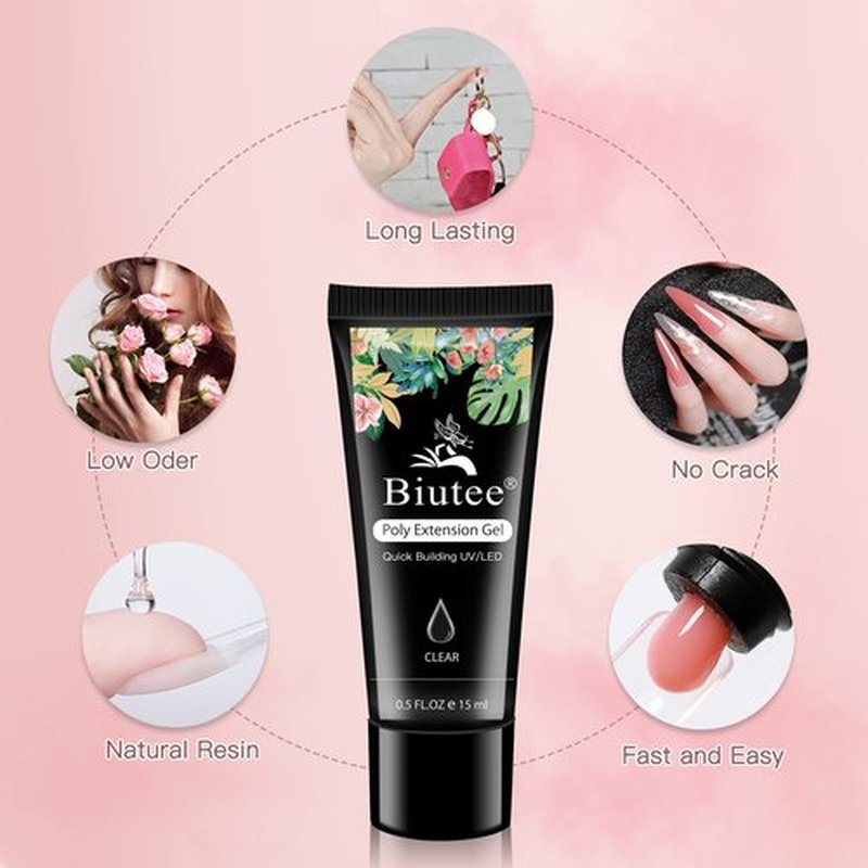 Poly Nail Gel Builder Kit - Clear & Light Pink Gel Extension Starter Kit with Slip Solution, Rhinestone, DIY Manicure Home Gift