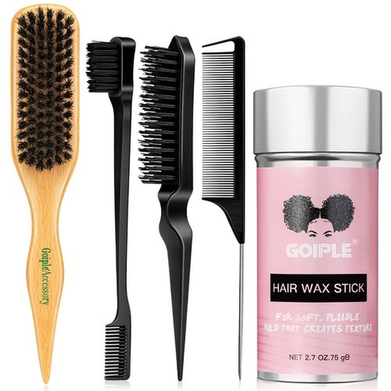 Slick Back Hair Brush Set Teasing Boar Bristle Brush, Hair Wax Stick, Edge Brushes, Rat Tail Comb, Teasing Comb, Wooden Slickback Hairbrush Accessories, Smoothing Combs for Women & Kids (5PCS)