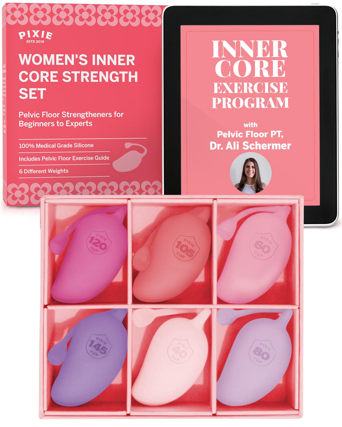 Pixie Inner Core Wellness & Strength Training for Feminine Care – Women’s Core Strength Set – Set of 6 – Includes Easy-to-Read Guide & Exercises for Beginners & Advanced (Blush)