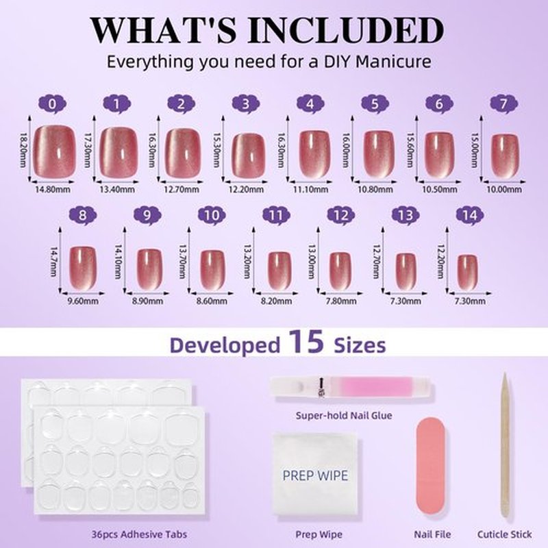 Cat Eye Press On Nails - Rose Pink Press On Nails, Short Square Nails Press Ons for Women Fake Nails with Glue, Glossy Reusable Glue on Nail in 15 Sizes - 30pcs