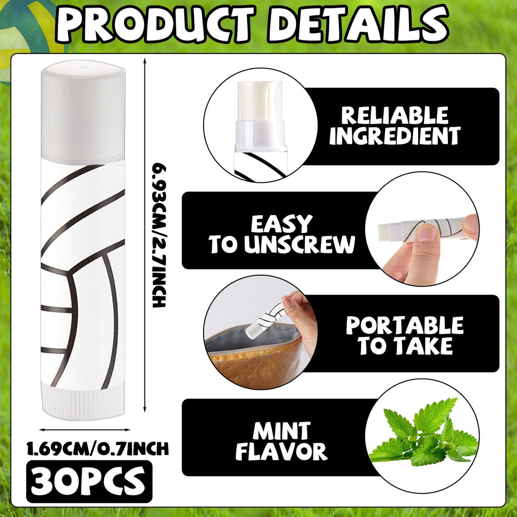 30Pcs Volleyball Lip Balm for Team Gifts Volleyball Party Favors Moisturizing Nourishing Lip Balm Gift Bulk Sports Lips Care for Players Teen Girls Men Women Sports Lovers Team Party Guest Supplies