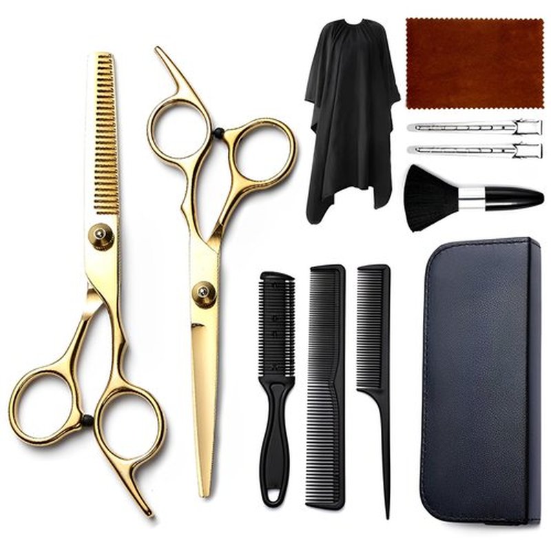Hair Cutting Scissors Kit 11PCS, Professional Haircut Scissors with Japanese Stainless Steel Shears, Thinning Shears, Haircut Accessories in Leather Case for Salon/Home (Gold)