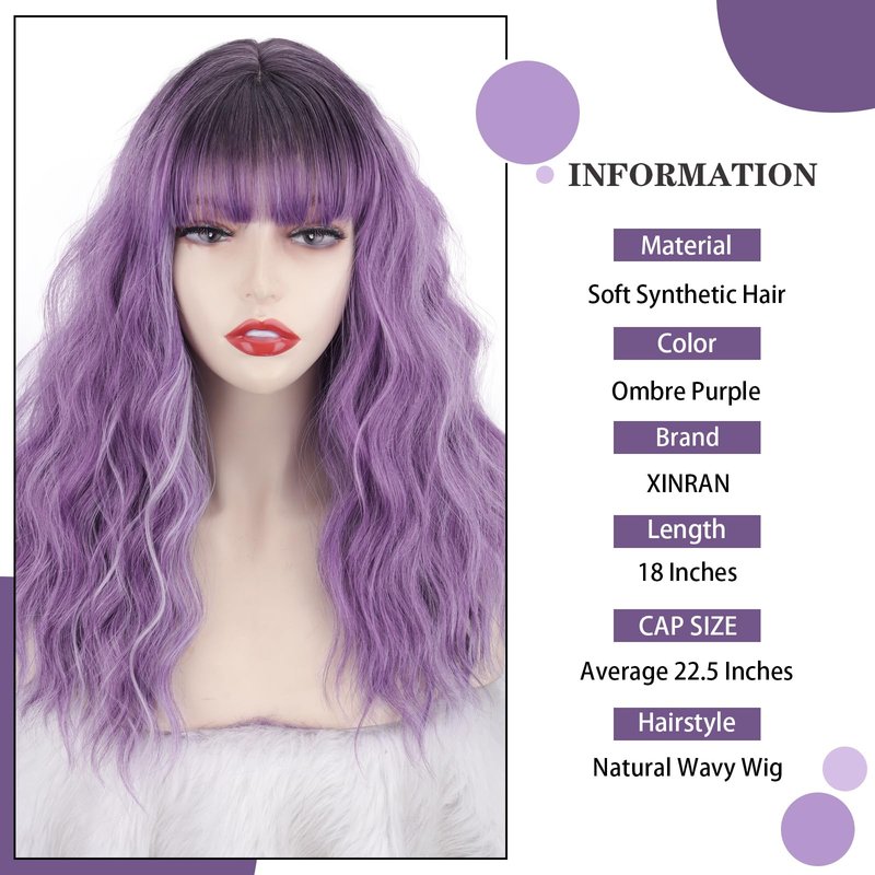 Xinran Purple Wavy Wig with Bangs for Women 18 Inch Medium Length Natural Synthetic Hair Heat Resistant Long Ombre Purple Wigs with Dark Roots for Party Cosplay Daily Halloween