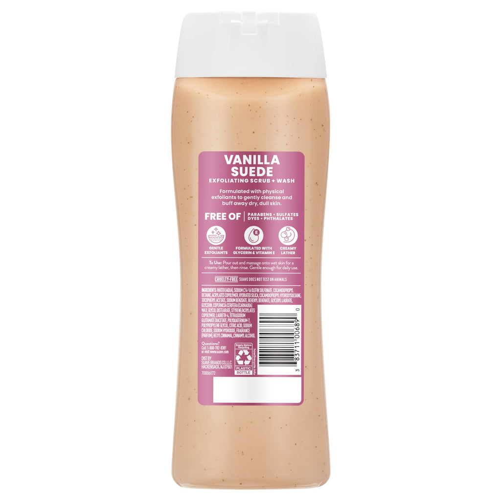 Suave Vanilla Suede Exfoliating Body Wash & Scrub with Glycerin & Vitamin E, Sulfate-Free Hydrating Cleanser for Soft, Smooth Skin, 18 FL OZ