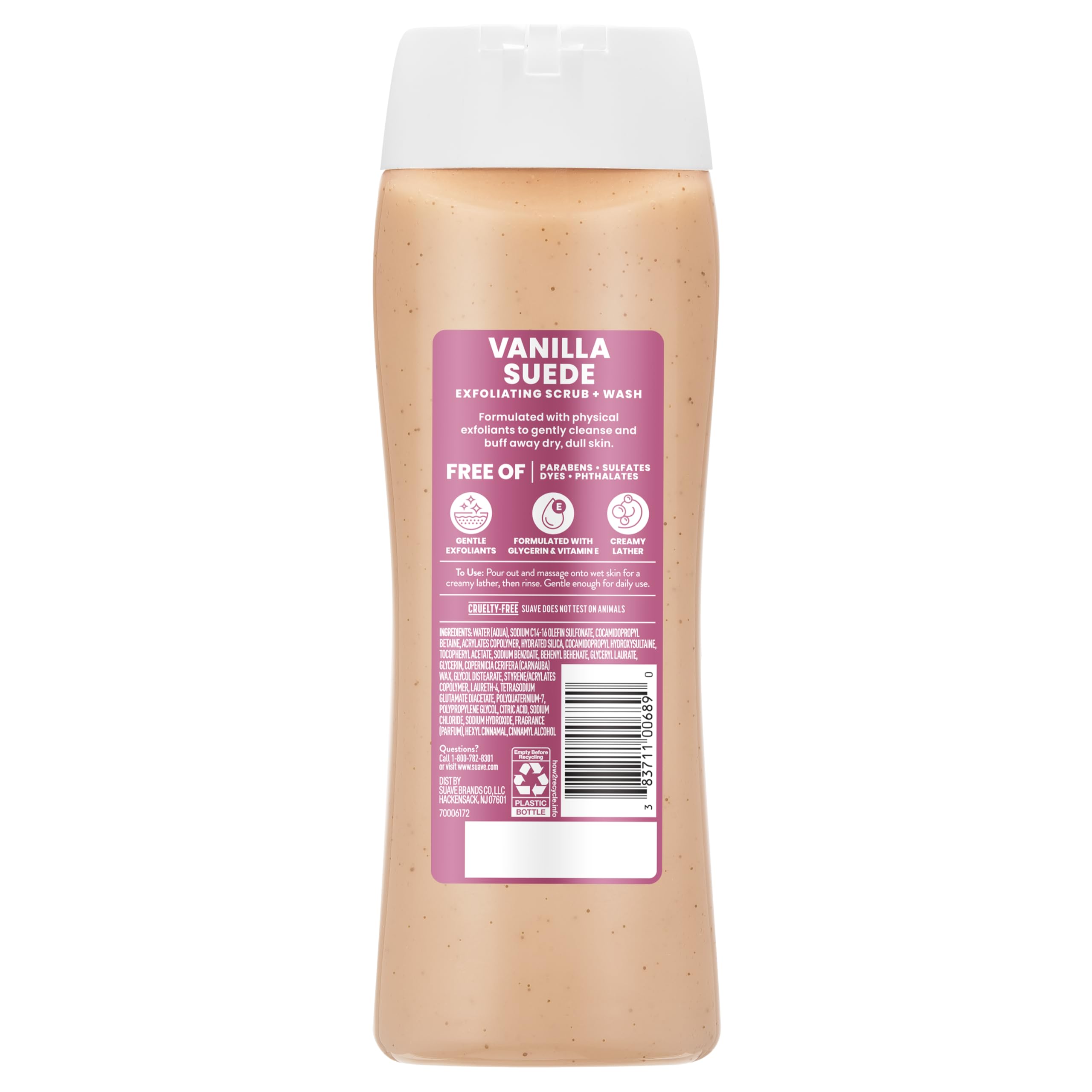 Suave Vanilla Suede Exfoliating Body Wash & Scrub with Glycerin & Vitamin E, Sulfate-Free Hydrating Cleanser for Soft, Smooth Skin, 18 FL OZ