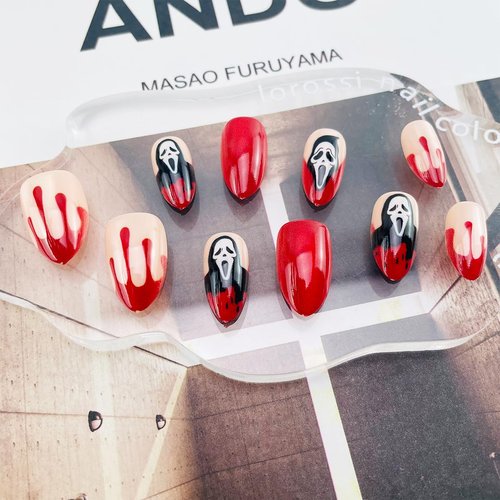 Halloween Press on Nails Short Almond False Nails Red Bloody & Horror Ghost Designs Halloween Fake Nails Glossy Full Cover Almond Nails Tips Stick on Nails for Women Gothic Holiday Nail Art 30Pcs