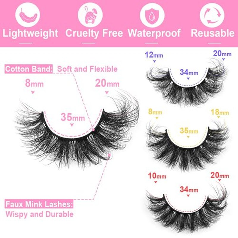 Mink Lashes Fluffy Faux Mink Eyelashes Wispy 20mm Long D-Curl Lashes Russian Cat Eye Strip Lashes Extensions Eyelashes Pack 20 Pairs