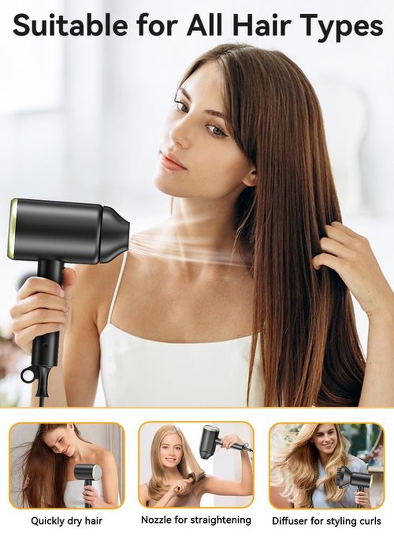 Hair Dryer, 150000RPM Ionic Blow Dryer - Fast Drying, Low Noise, Foldable Portable with Diffuser and Nozzle, Compact Mini for Women and Men, Home and Travel(Black)