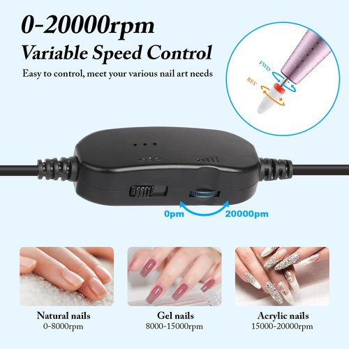 QPVZX Electric Nail Drill, Ultra-Quiet Low Vibration Electric Nail File, Portable Electric Nail File for Crystal Gel Nails, Manicure and Pedicure Tools Polishing Set for Home and Salon Use (Pink Set)