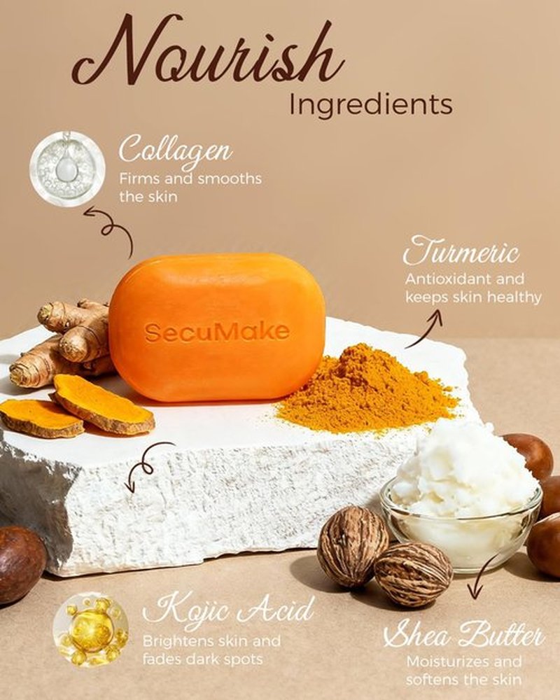 SecuMake Kojic Acid Soap, Brightening & Hydrating Turmeric Soap Bar for Dark Spots with Vitamin C and Shea Butter, Paraben & Sulfate-Free - 2 Bars with African Net Sponge