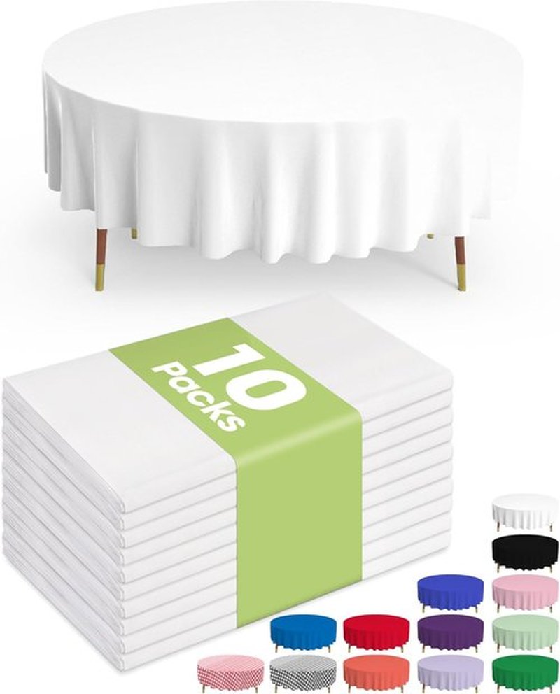 Pureegg Disposable Round Table Cloths - 84'' White Plastic Covers for Parties & Weddings | 10 Pack, Leakproof & Sturdy