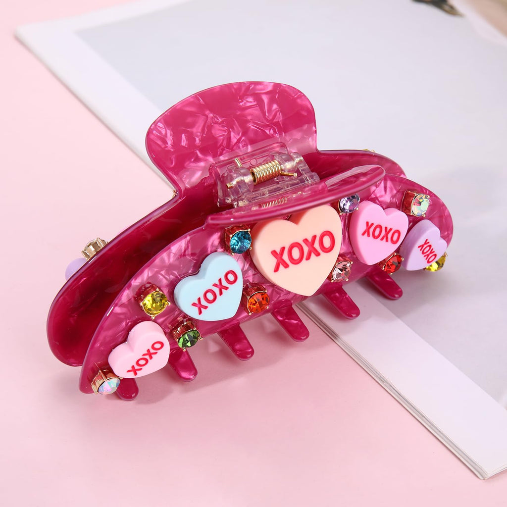 Valentines Hair Claw for Women Large Pink acetic acid Embellish Conversation candy heart hair claw Clips Valentines Hair Accessories Gifts