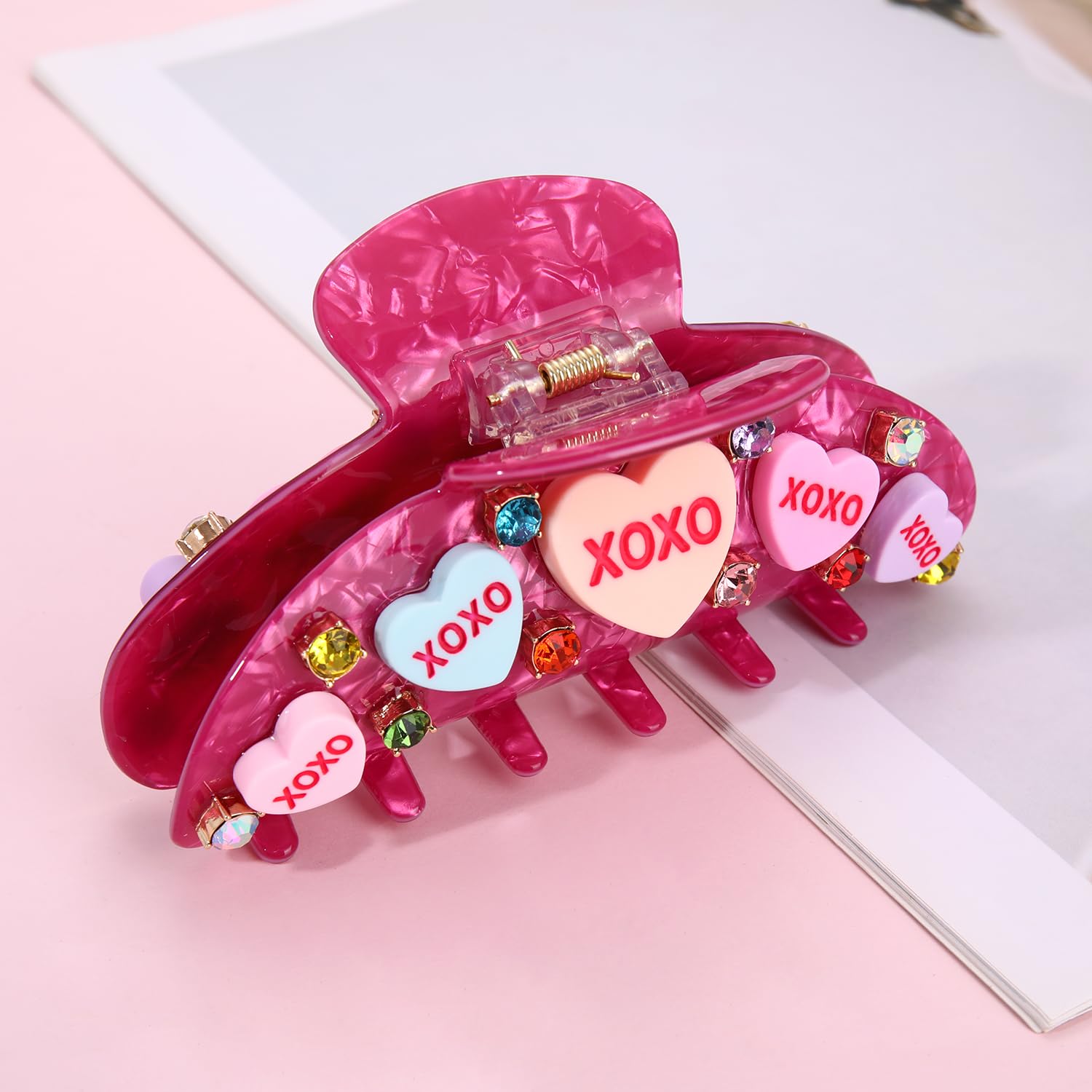 Valentines Hair Claw for Women Large Pink acetic acid Embellish Conversation candy heart hair claw Clips Valentines Hair Accessories Gifts